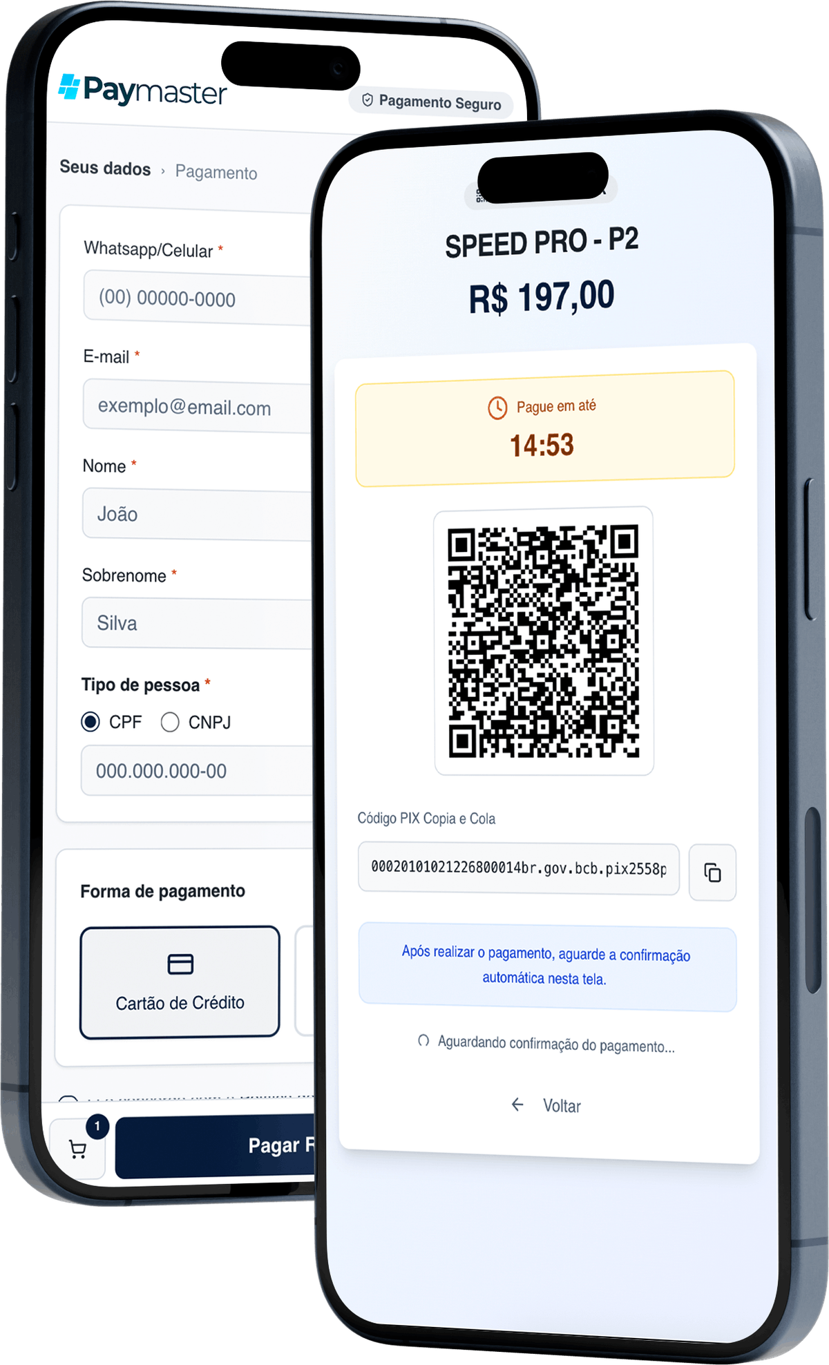 Checkout do PayMaster em dois celulares: o formulário de dados do comprador e a tela de pagamento por PIX com QR code