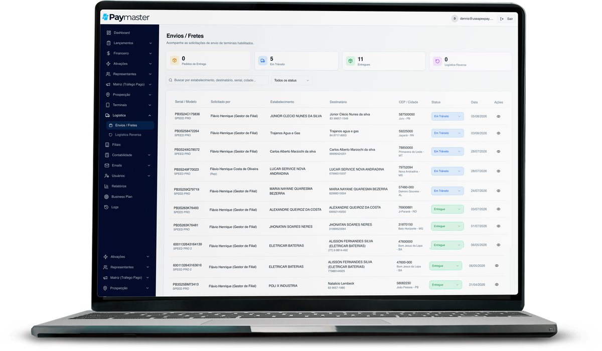Tela de envios e fretes do PayMaster aberta em um notebook, com os terminais em trânsito e entregues